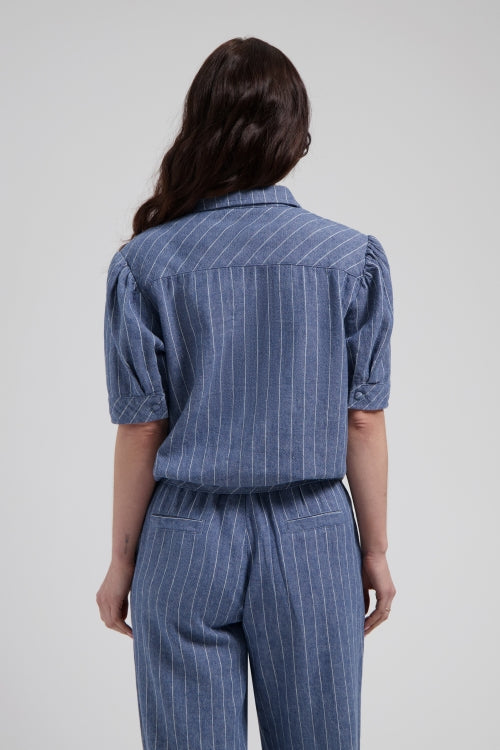 Dané Blouse Blue Melee met knoopsluiting en klassieke kraag