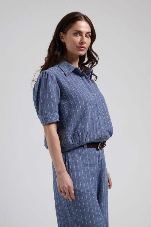 Dané Blouse Blue Melee met knoopsluiting en klassieke kraag