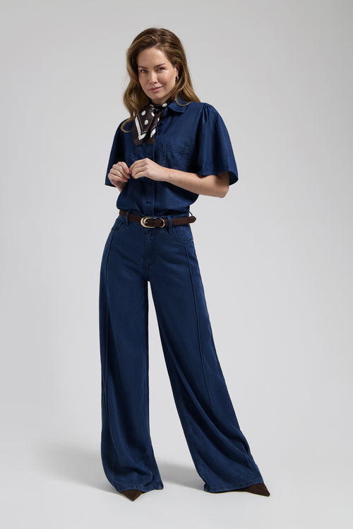 Dané Blouse Dark indigo Denim blouse met Korte Pofmouwen