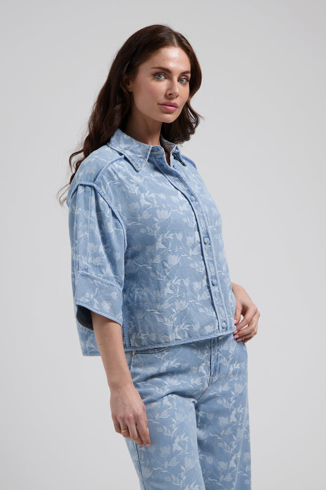 Irini blouse Plaited blue Kimono fit van Denim stof