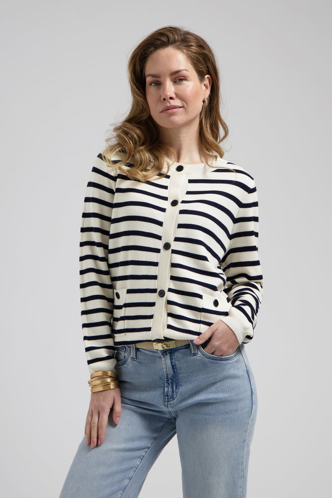 Katerina cardigan Blue Striped gebreid vest met witte en donkerblauwe strepen