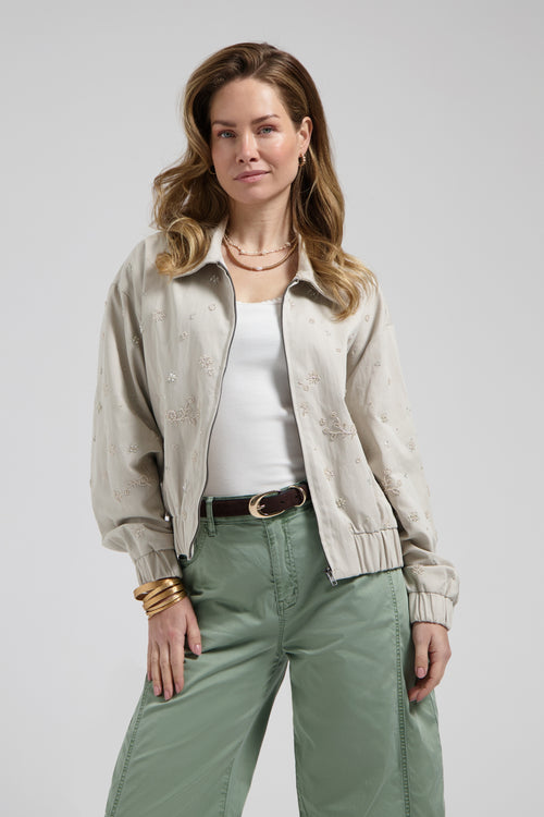 Rhodé jacket Urban taupe Bomber Jas met Kraag en kralen in de vorm van bloemen