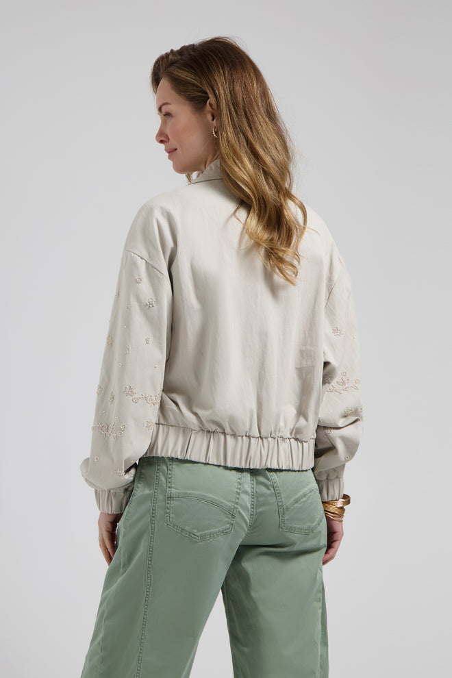 Rhodé jacket Urban taupe Bomber Jas met Kraag en kralen in de vorm van bloemen