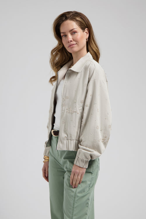 Rhodé jacket Urban taupe Bomber Jas met Kraag en kralen in de vorm van bloemen