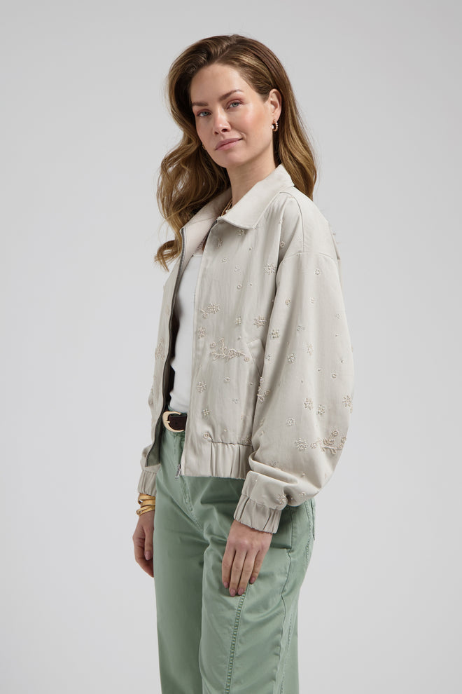 Rhodé jacket Urban taupe Bomber Jas met Kraag en kralen in de vorm van bloemen