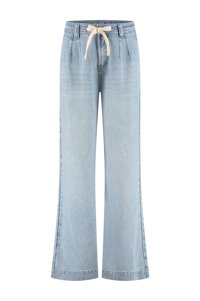 Sarah Jeans Mid Blue rechte wide-leg jeans met elastische tailleband en beige koord