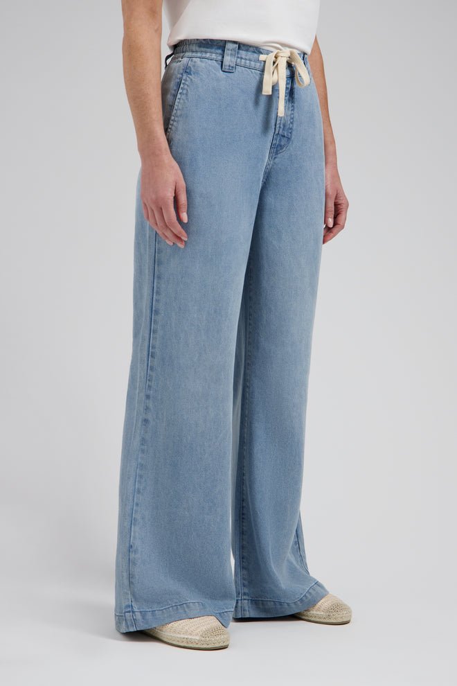 Sarah Jeans Mid Blue rechte wide-leg jeans met elastische tailleband en beige koord