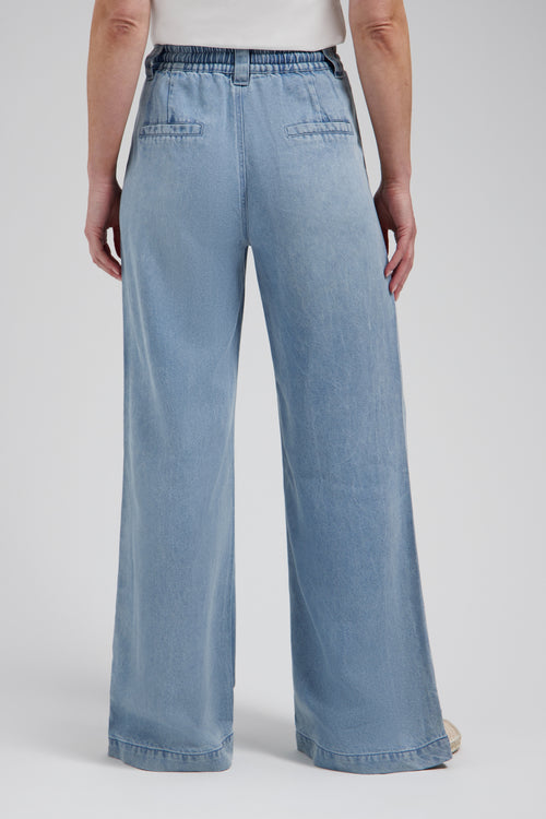 Sarah Jeans Mid Blue rechte wide-leg jeans met elastische tailleband en beige koord