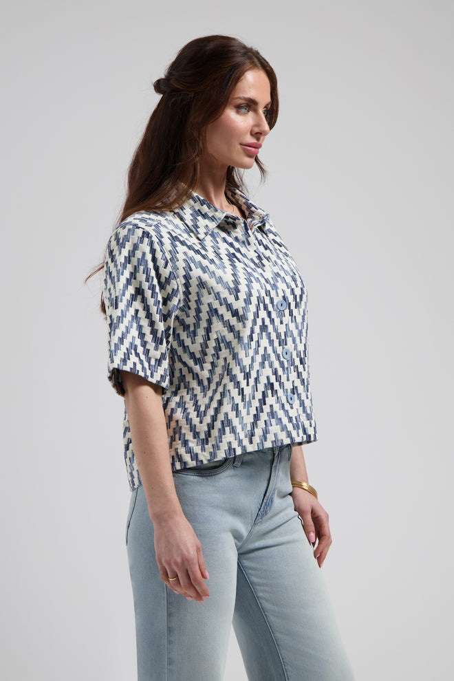Sylena blouse Greek echo Denim blouse met kraag en korte mouwen