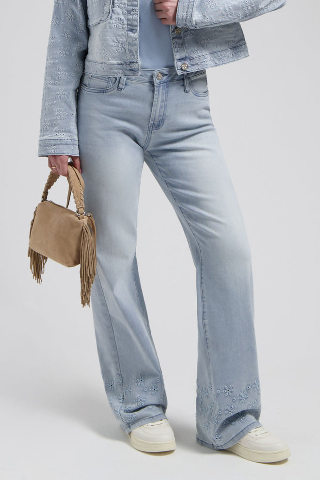 Thalia jeans Bleached Denim Straight Fit en Bloemen Detail aan onderkant
