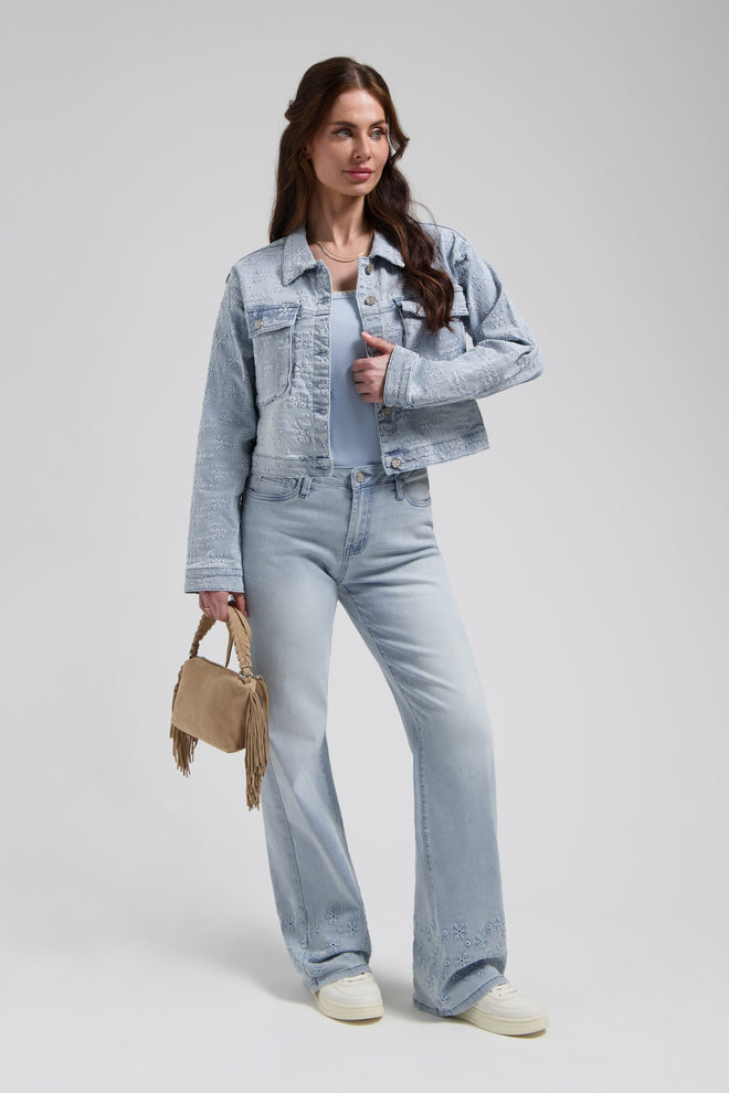 Thalia jeans Bleached Denim Straight Fit en Bloemen Detail aan onderkant
